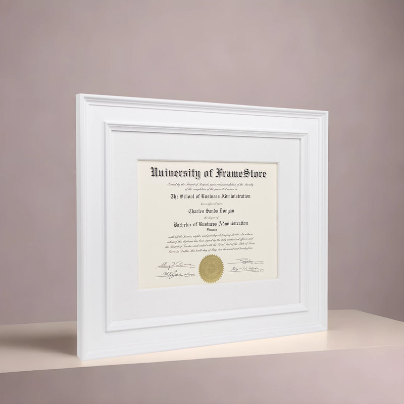 Matte White Diploma Frame - White Cotton Matboard - Angled Perspective for Depth
