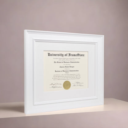 Matte White Diploma Frame - White Cotton Matboard - Angled Perspective for Depth