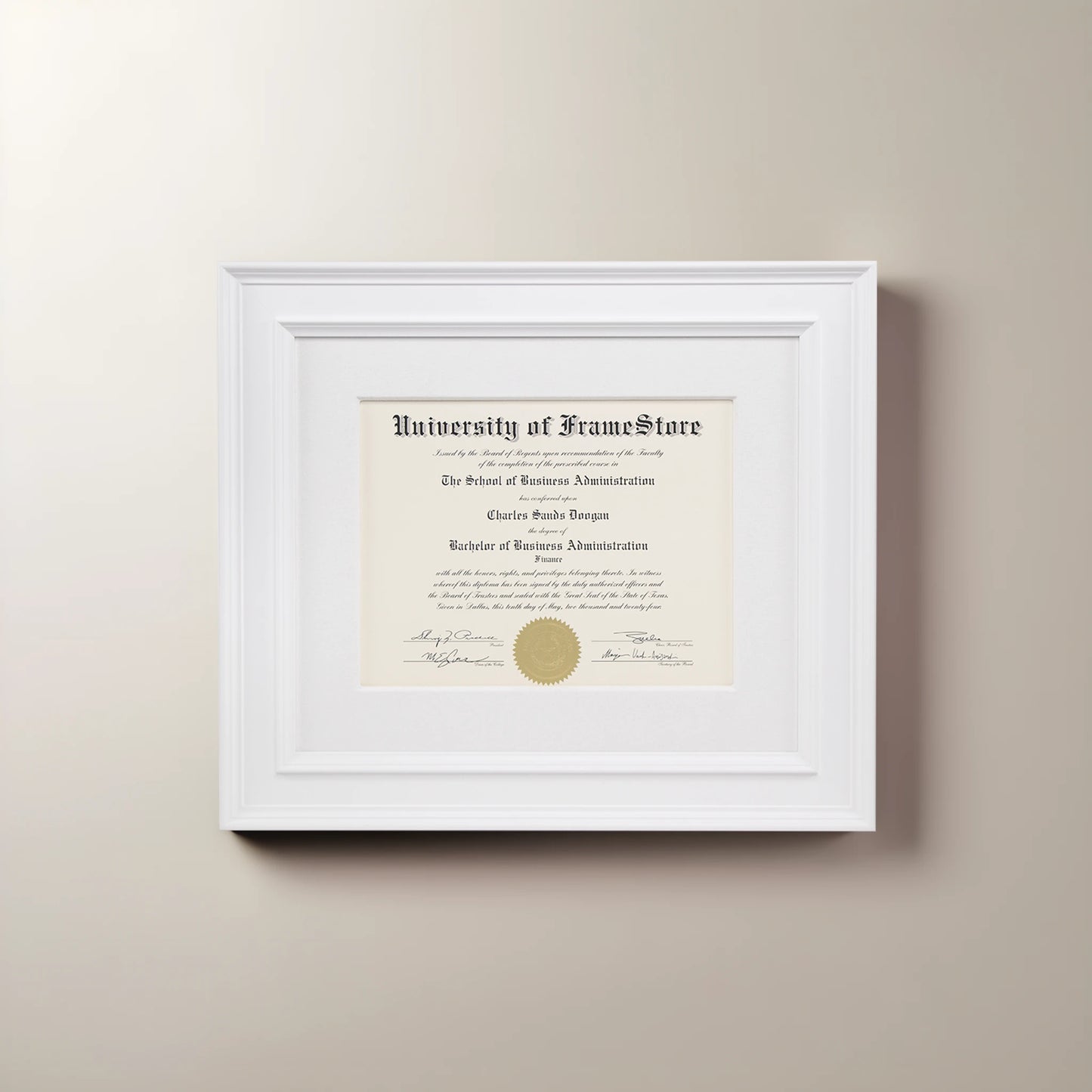 Matte White Diploma Frame - White Cotton Matboard - Straight-On Display
