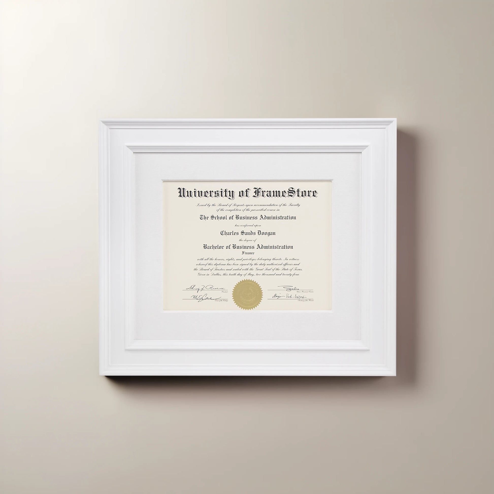 Matte White Diploma Frame - White Cotton Matboard - Straight-On Display