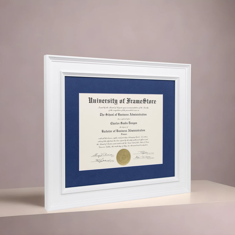 Matte White Diploma Frame - Deep Blue Matboard - Angled Perspective for Depth