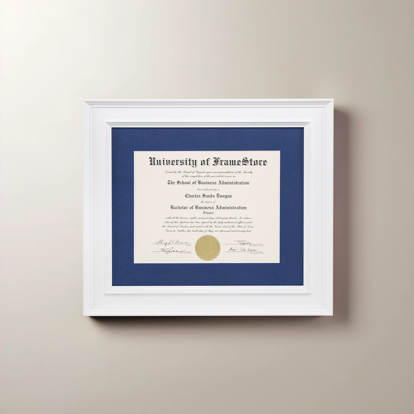 Matte White Diploma Frame - Deep Blue Matboard - Straight-On Display
