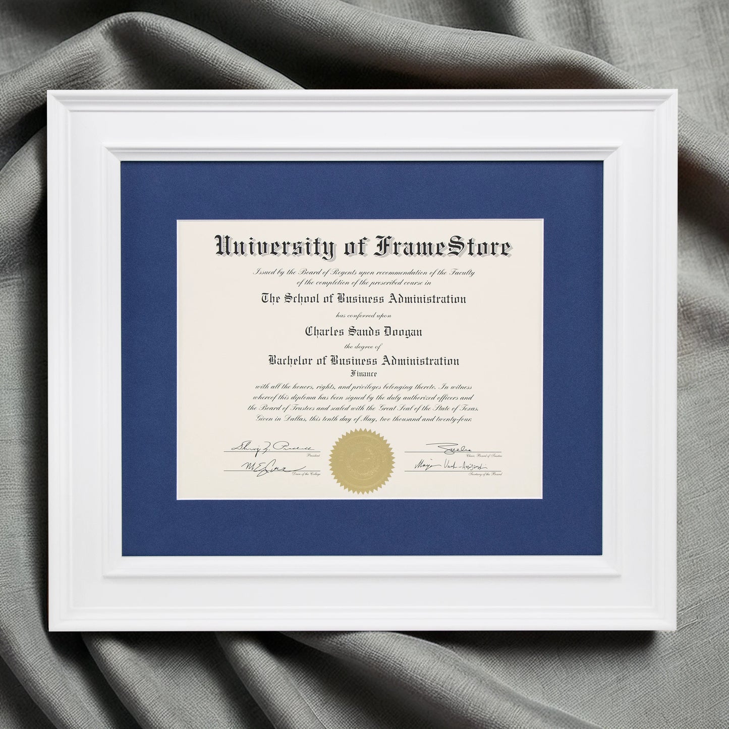 Matte White Diploma Frame - Deep Blue Matboard - Luxurious Finish Against Soft Fabric