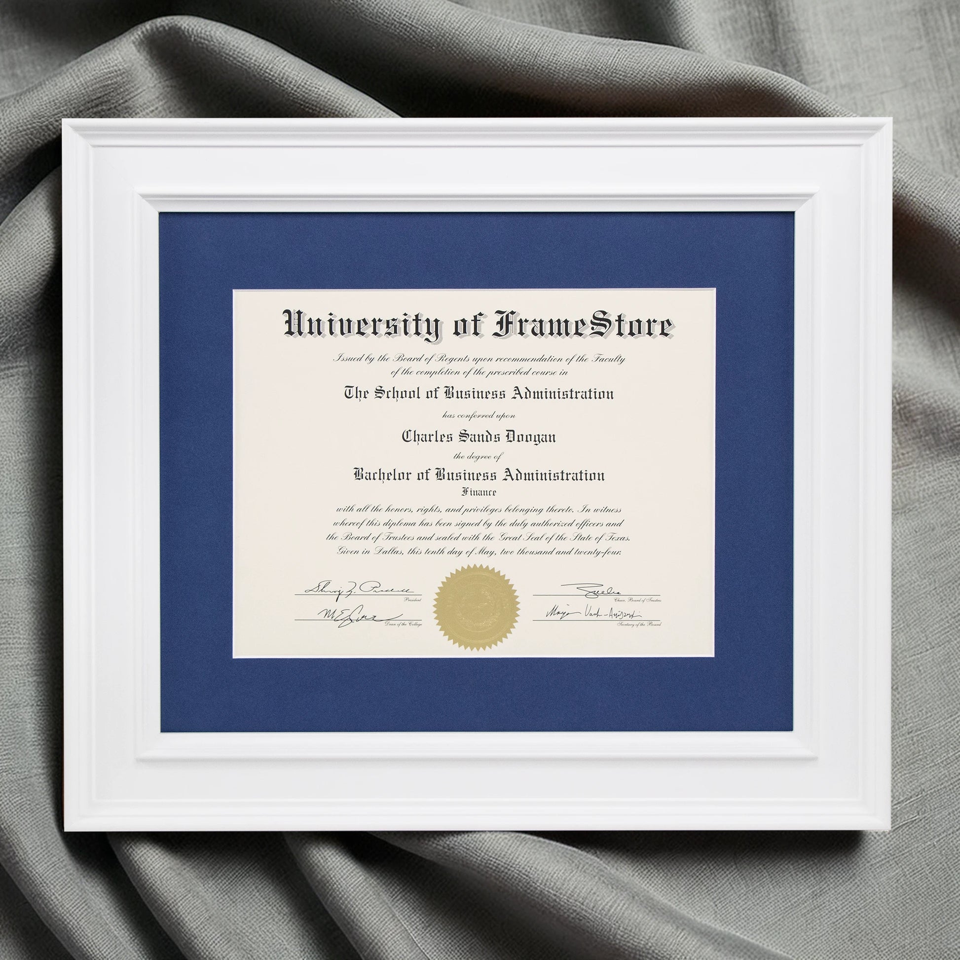Matte White Diploma Frame - Deep Blue Matboard - Luxurious Finish Against Soft Fabric
