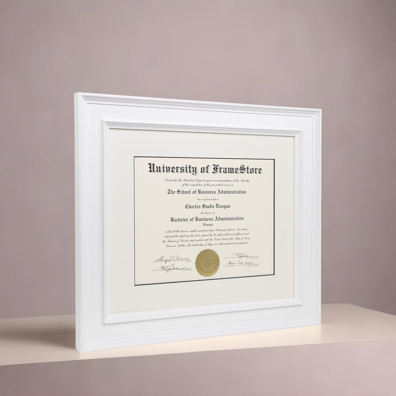 Matte White Diploma Frame - Dove Matboard - Angled Perspective for Depth