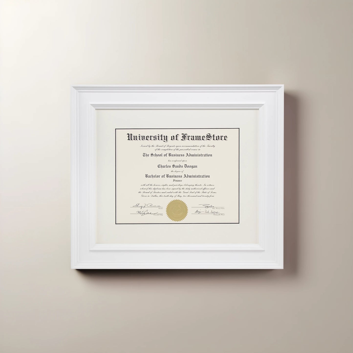 Matte White Diploma Frame - Dove Matboard - Straight-On Display