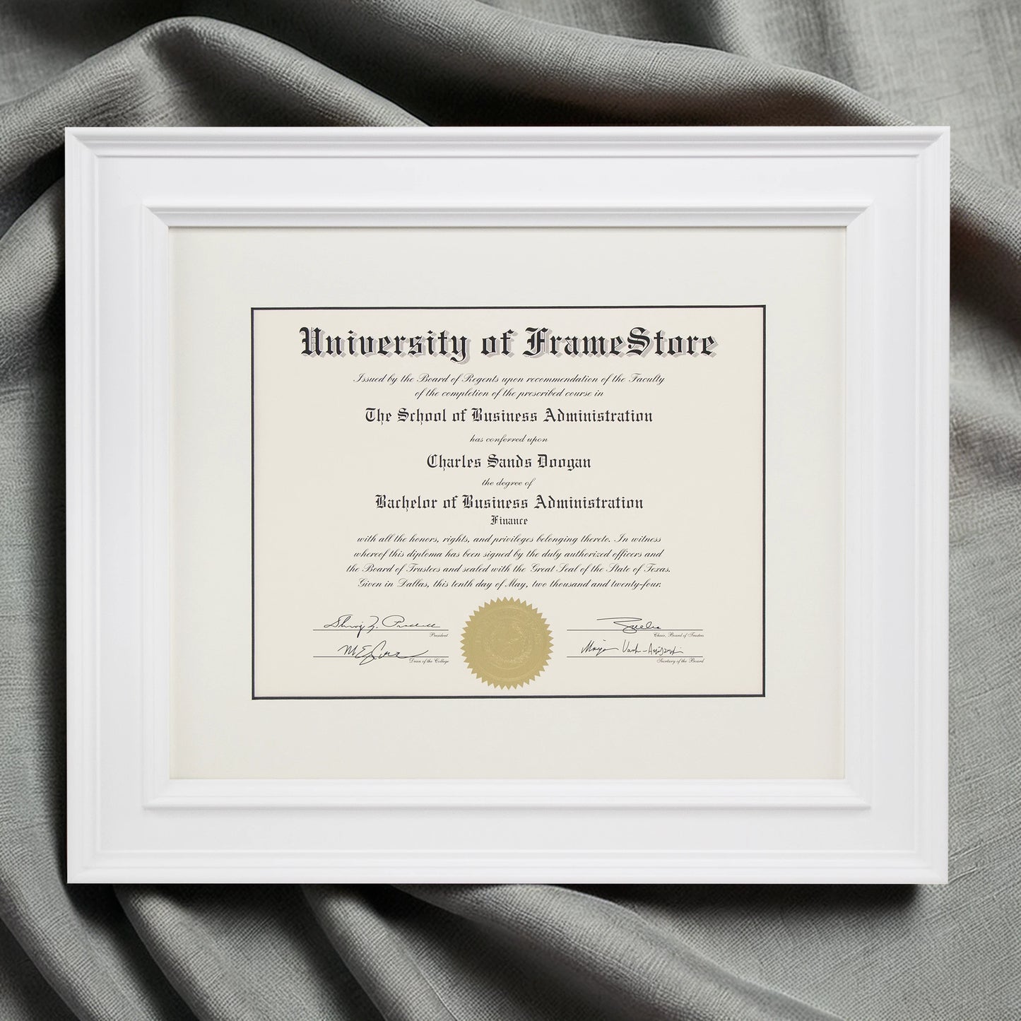 Matte White Diploma Frame - Dove Matboard - Luxurious Finish Against Soft Fabric