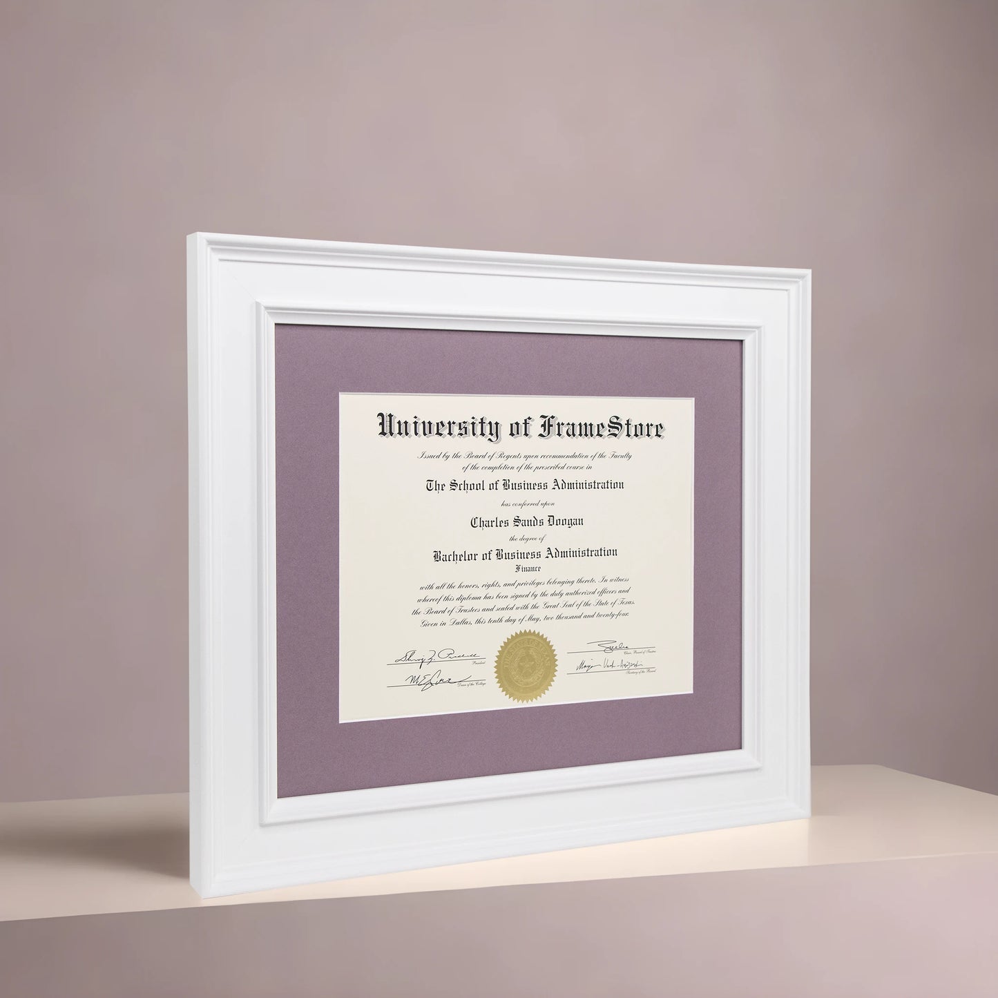 Matte White Diploma Frame - Lillac Matboard - Angled Perspective for Depth