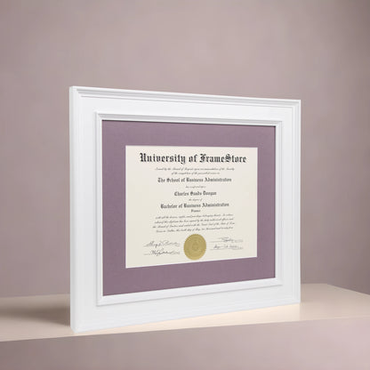 Matte White Diploma Frame - Lillac Matboard - Angled Perspective for Depth