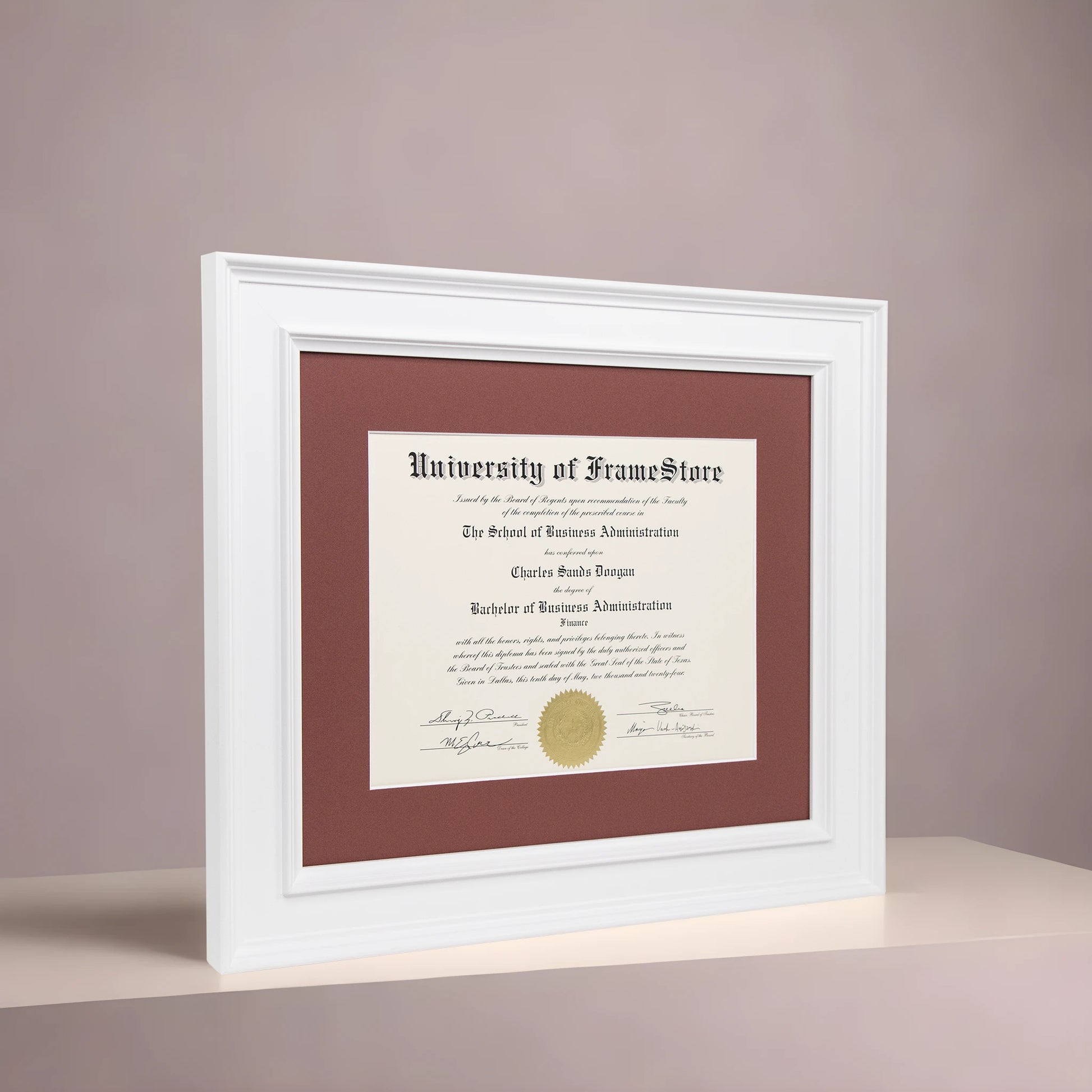 Matte White Diploma Frame - Deep Red Matboard - Angled Perspective for Depth