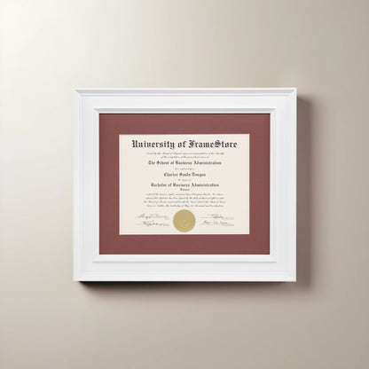 Matte White Diploma Frame - Deep Red Matboard - Straight-On Display