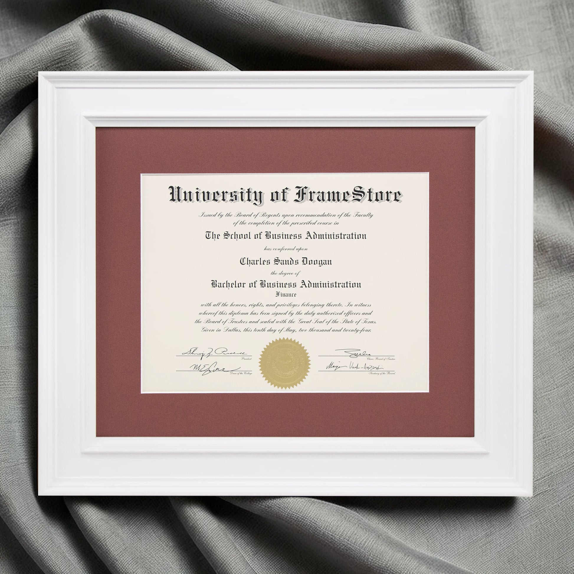 Matte White Diploma Frame - Deep Red Matboard - Luxurious Finish Against Soft Fabric