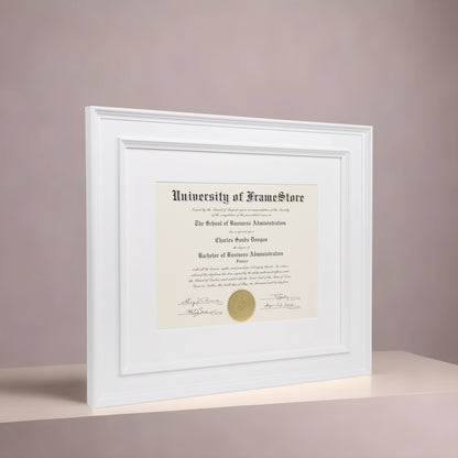Matte White Diploma Frame - White Matboard - Angled Perspective for Depth