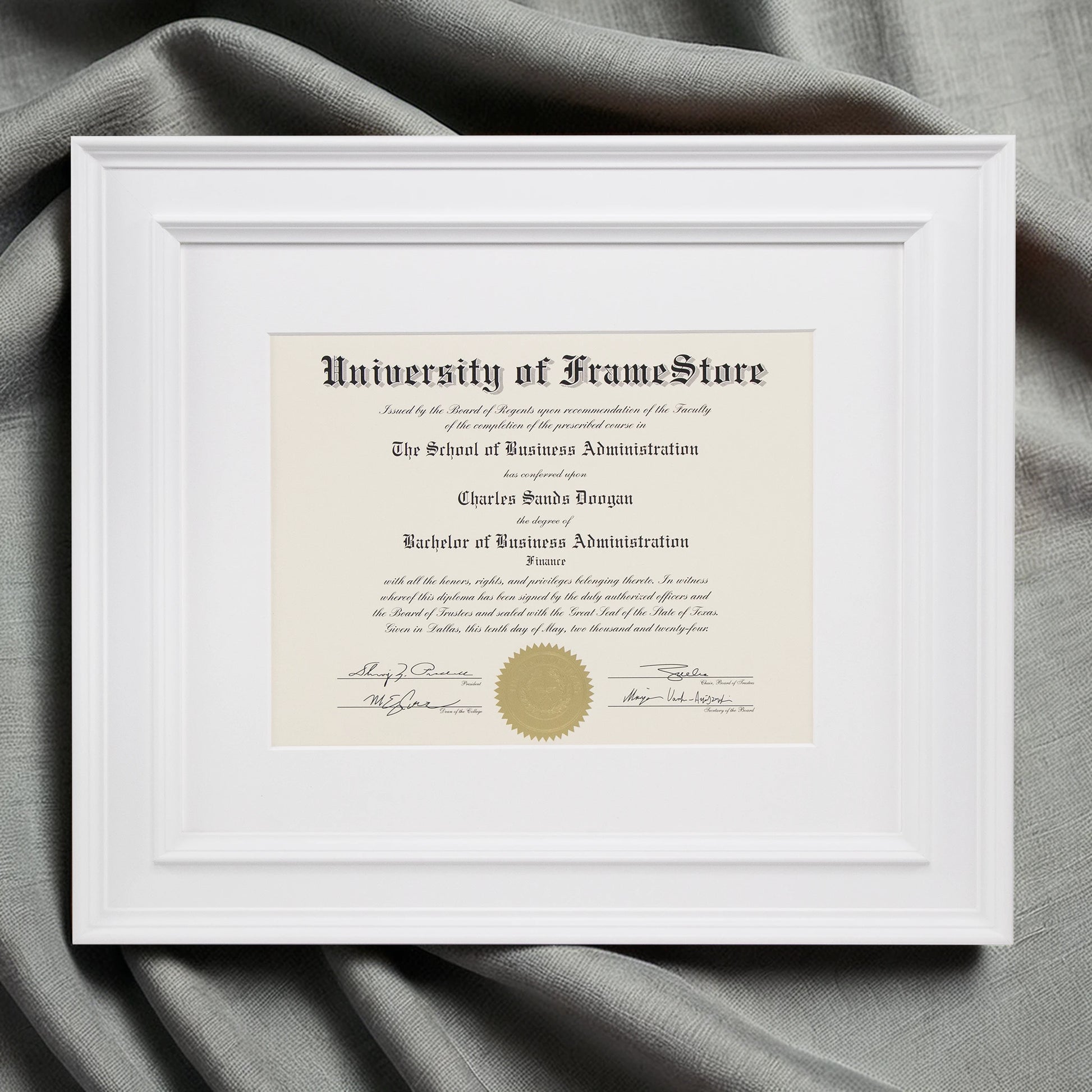 Matte White Diploma Frame - White Matboard - Luxurious Finish Against Soft Fabric
