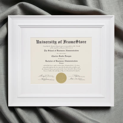 Matte White Diploma Frame - White Matboard - Luxurious Finish Against Soft Fabric