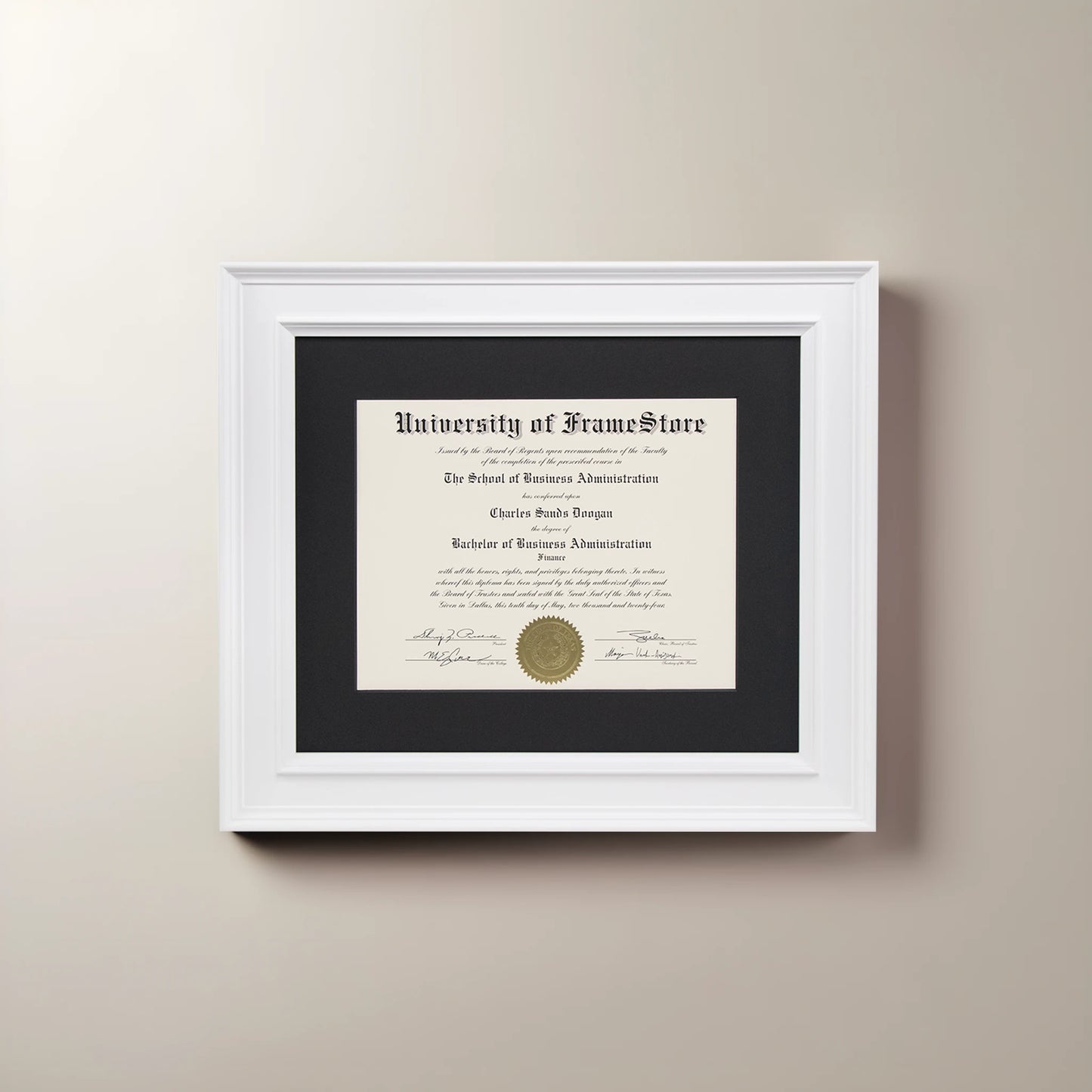 Matte White Diploma Frame - Black Matboard - Straight-On Display