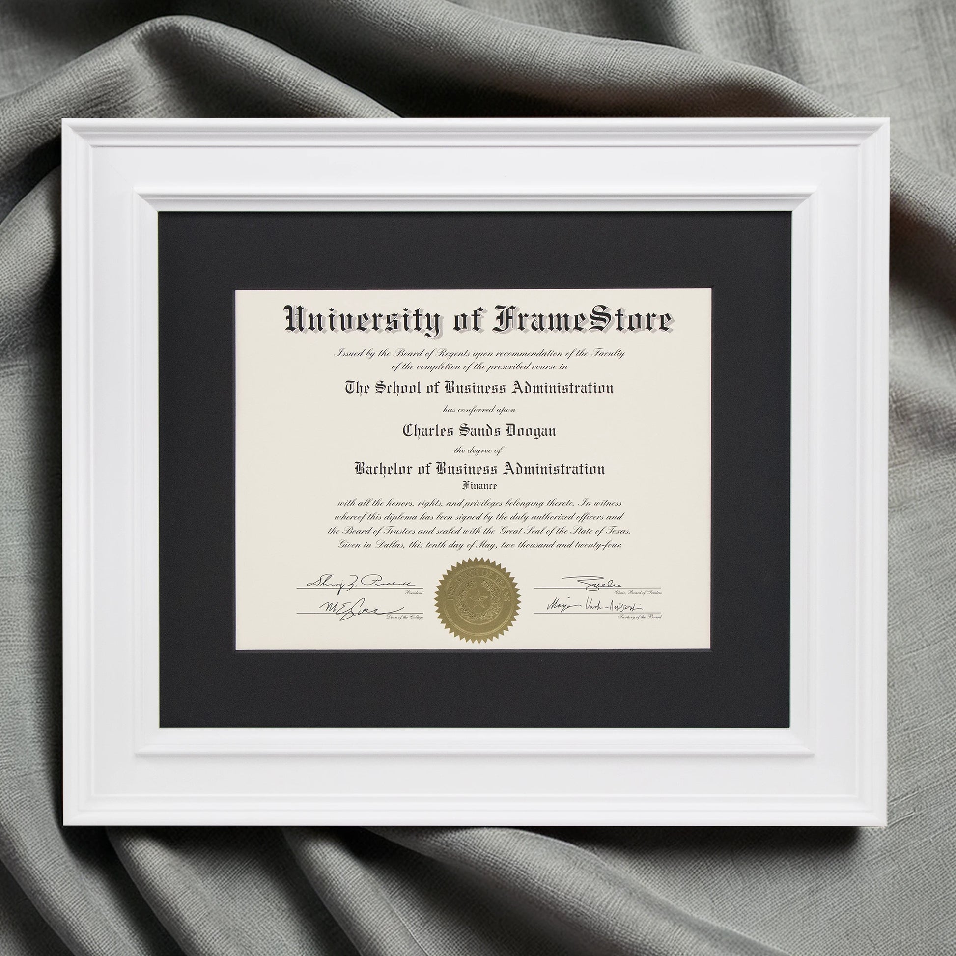 Matte White Diploma Frame - Black Matboard - Luxurious Finish Against Soft Fabric