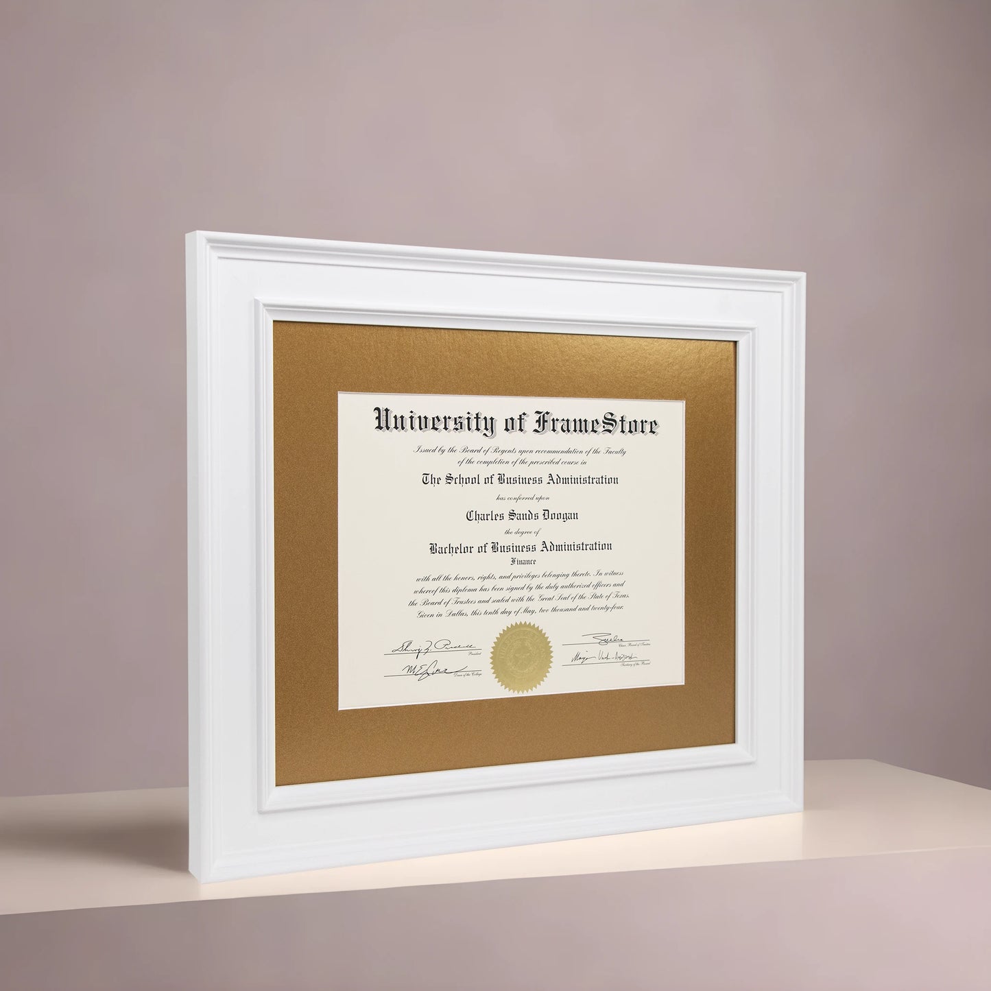 Matte White Diploma Frame - Gold Matboard - Angled Perspective for Depth