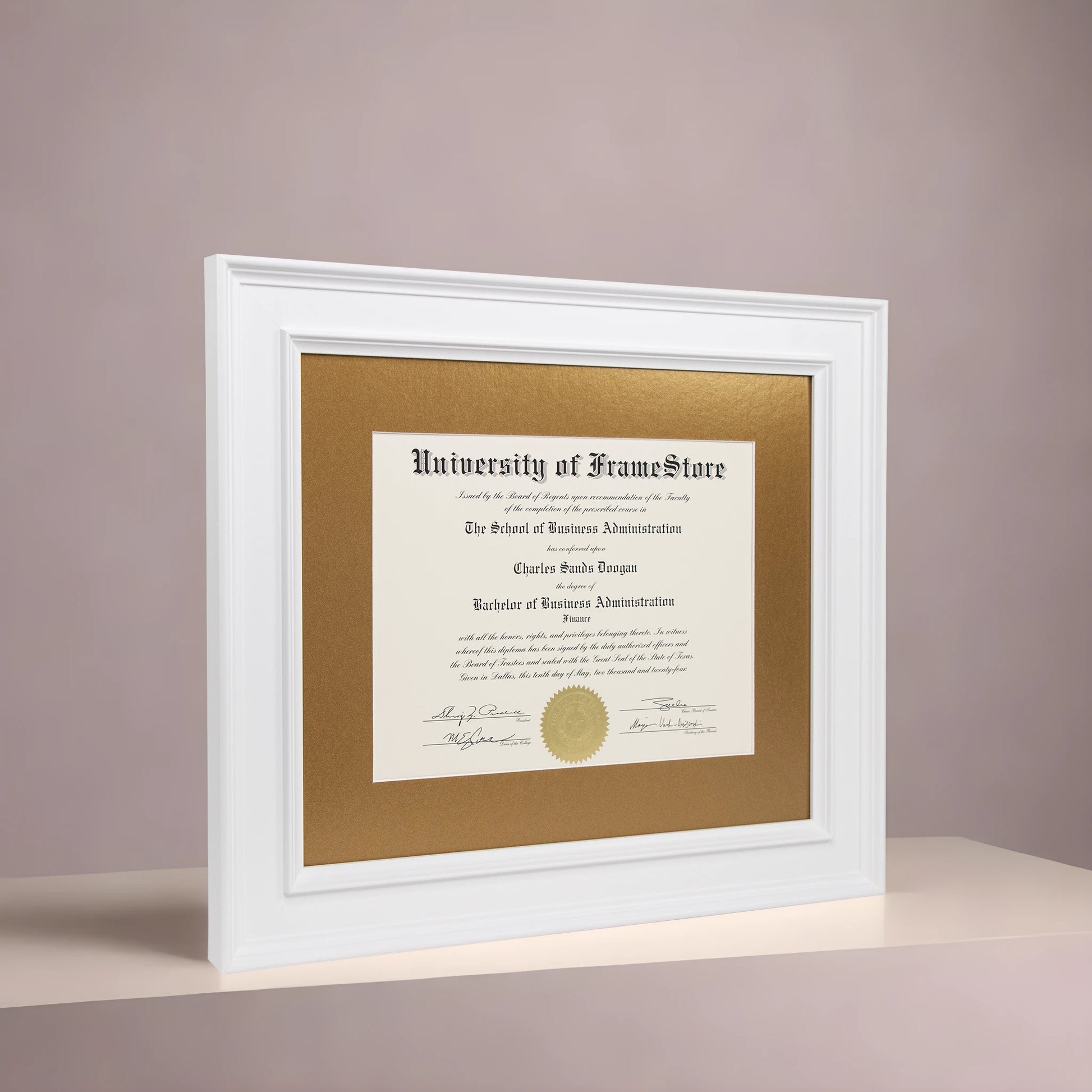 Matte White Diploma Frame - Gold Matboard - Angled Perspective for Depth