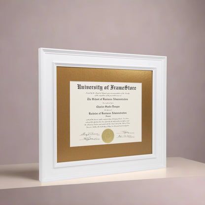 Matte White Diploma Frame - Gold Matboard - Angled Perspective for Depth