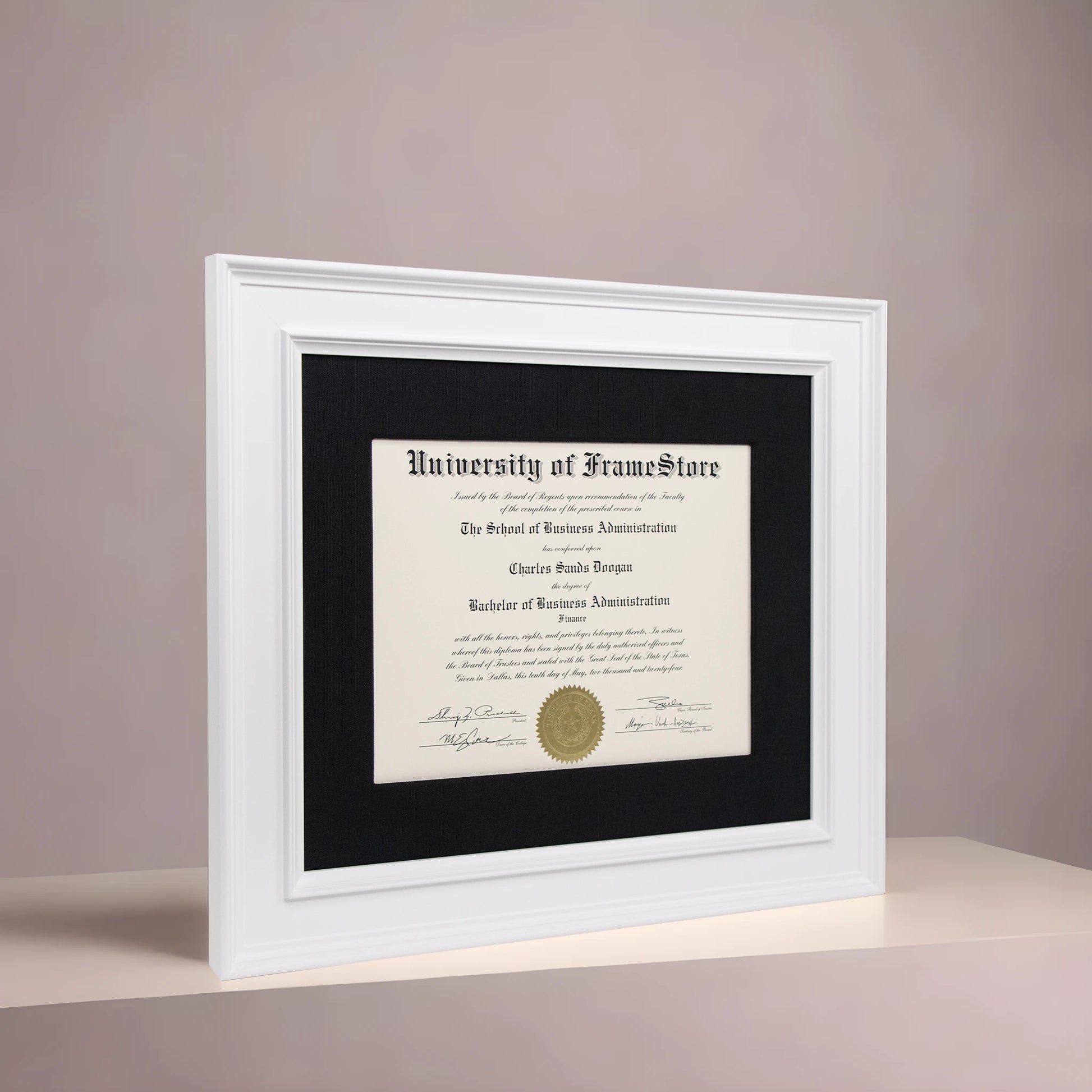 Matte White Diploma Frame - Black Cotton Matboard - Angled Perspective for Depth