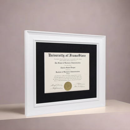 Matte White Diploma Frame - Black Cotton Matboard - Angled Perspective for Depth