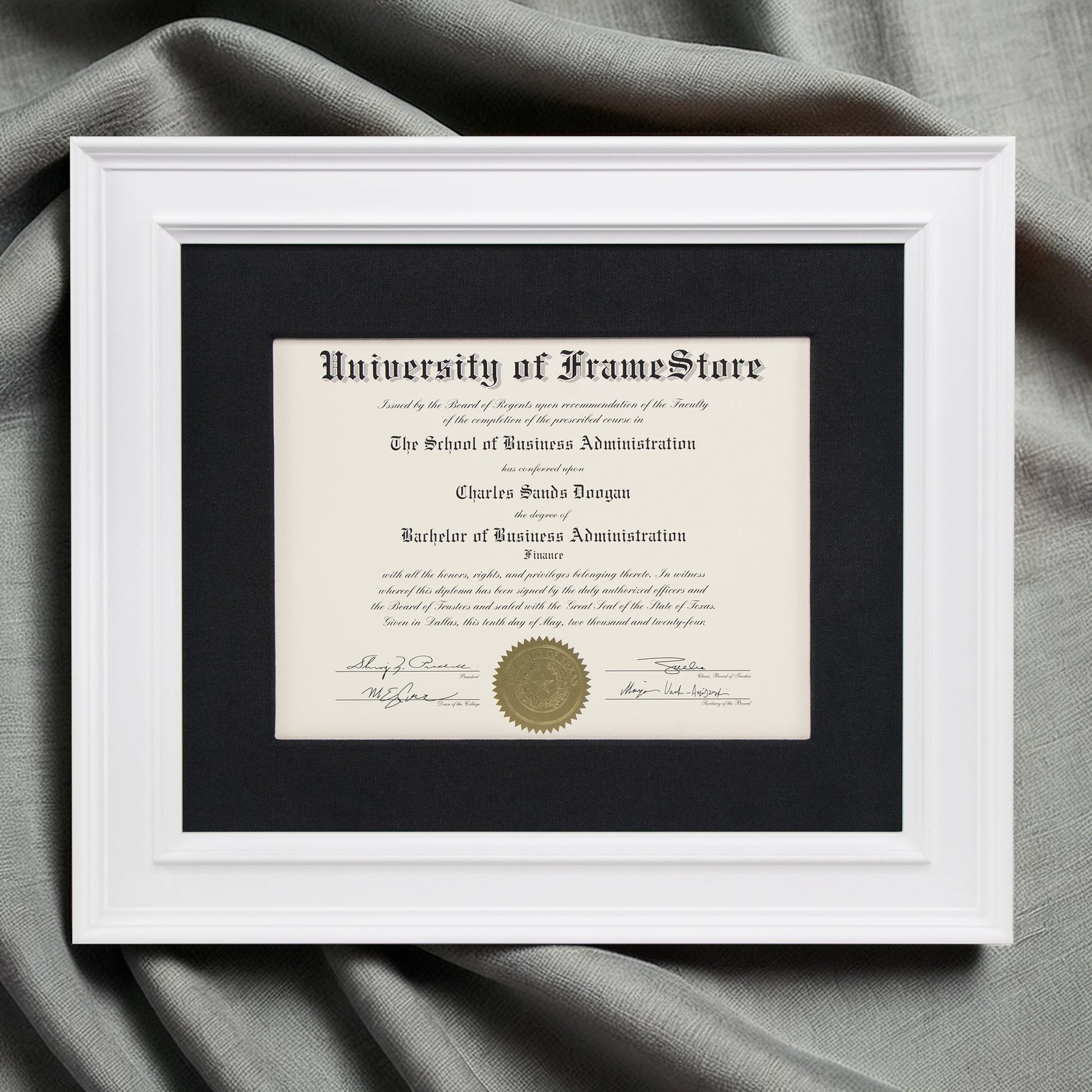 Matte White Diploma Frame - Black Cotton Matboard - Luxurious Finish Against Soft Fabric