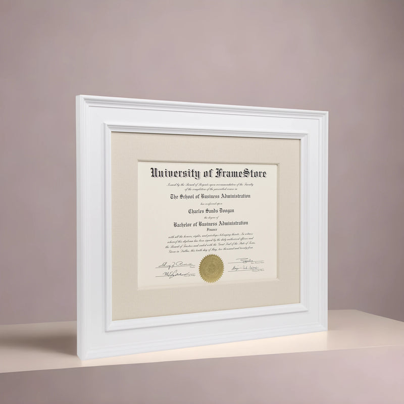 Matte White Diploma Frame - Off-White Cotton Matboard - Angled Perspective for Depth