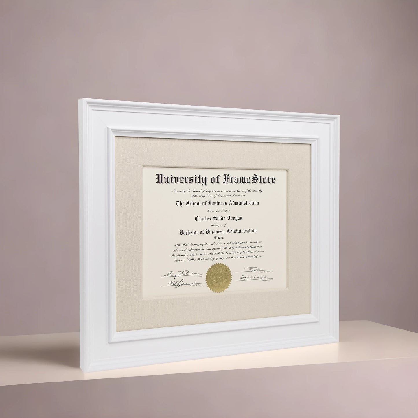 Matte White Diploma Frame - Off-White Cotton Matboard - Angled Perspective for Depth