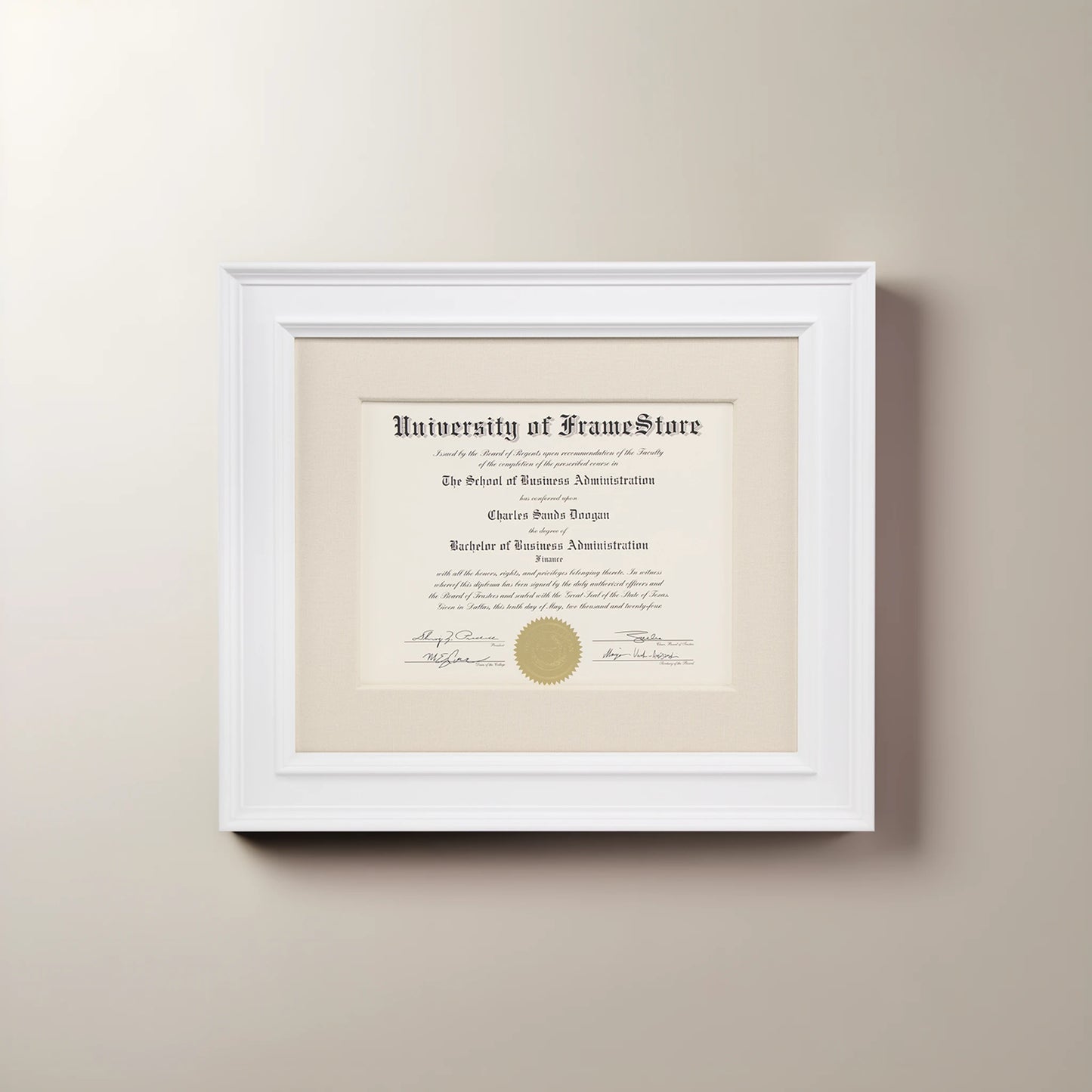 Matte White Diploma Frame - Off-White Cotton Matboard - Straight-On Display