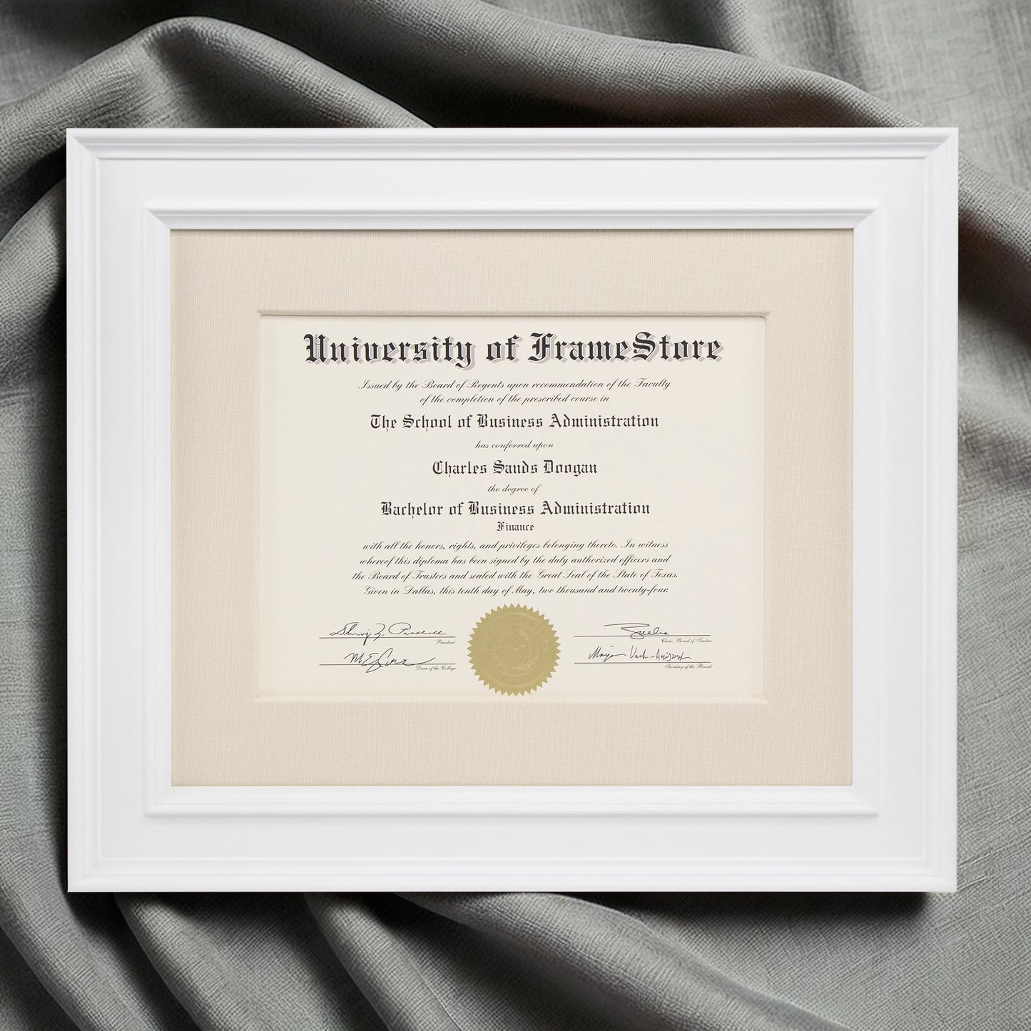 Matte White Diploma Frame - Off-White Cotton Matboard - Luxurious Finish Against Soft Fabric