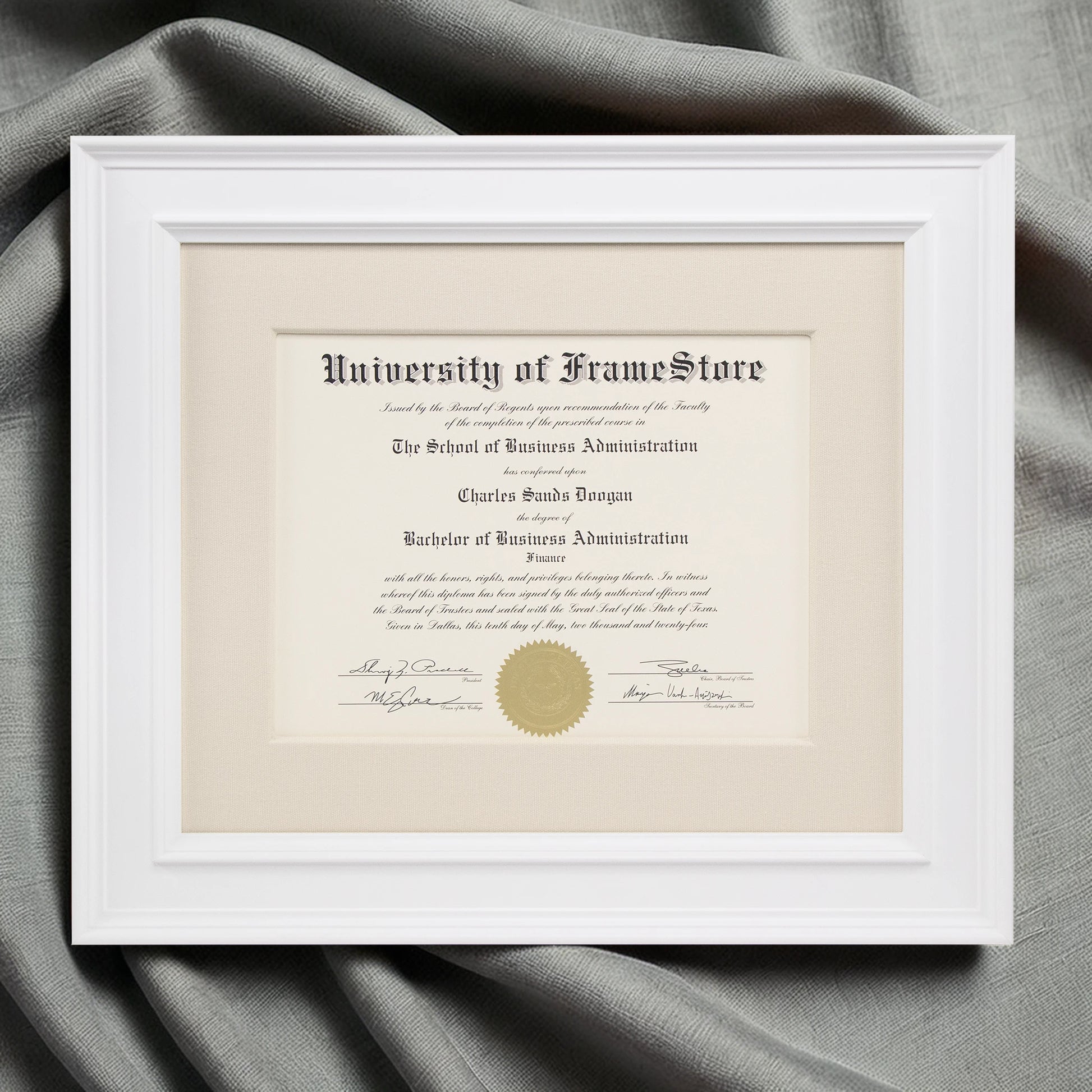 Matte White Diploma Frame - Off-White Cotton Matboard - Luxurious Finish Against Soft Fabric
