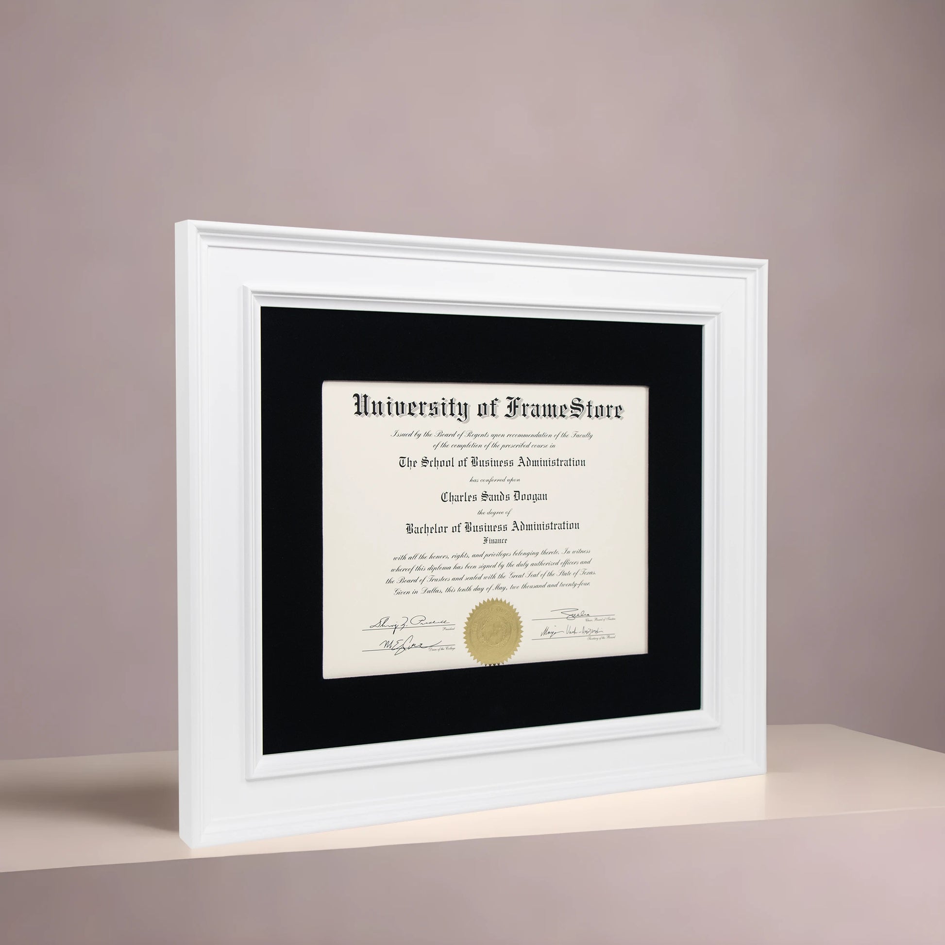 Matte White Diploma Frame - Black Velvet Matboard - Angled Perspective for Depth