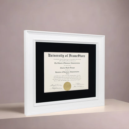 Matte White Diploma Frame - Black Velvet Matboard - Angled Perspective for Depth