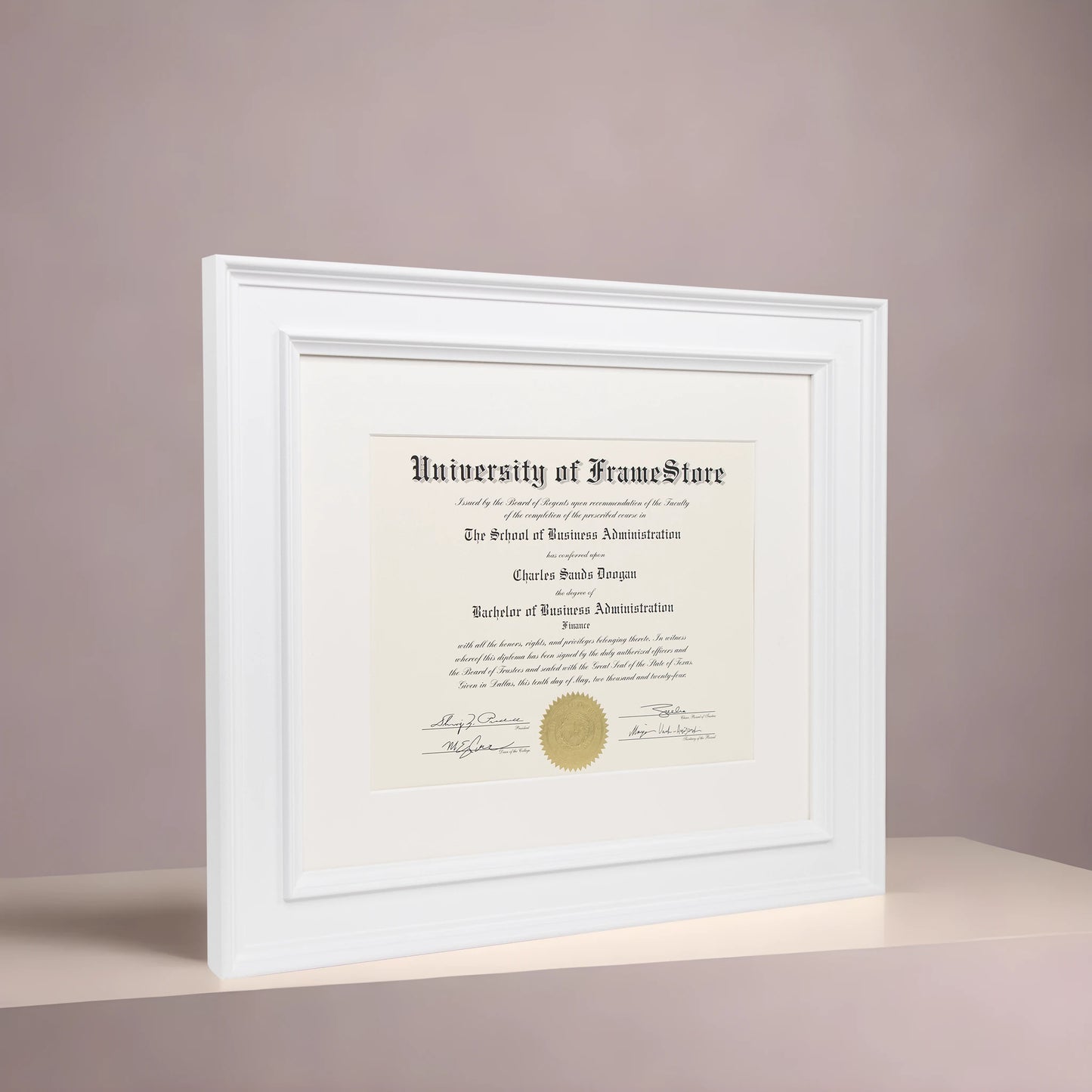 Matte White Diploma Frame - Off-White Matboard - Angled Perspective for Depth