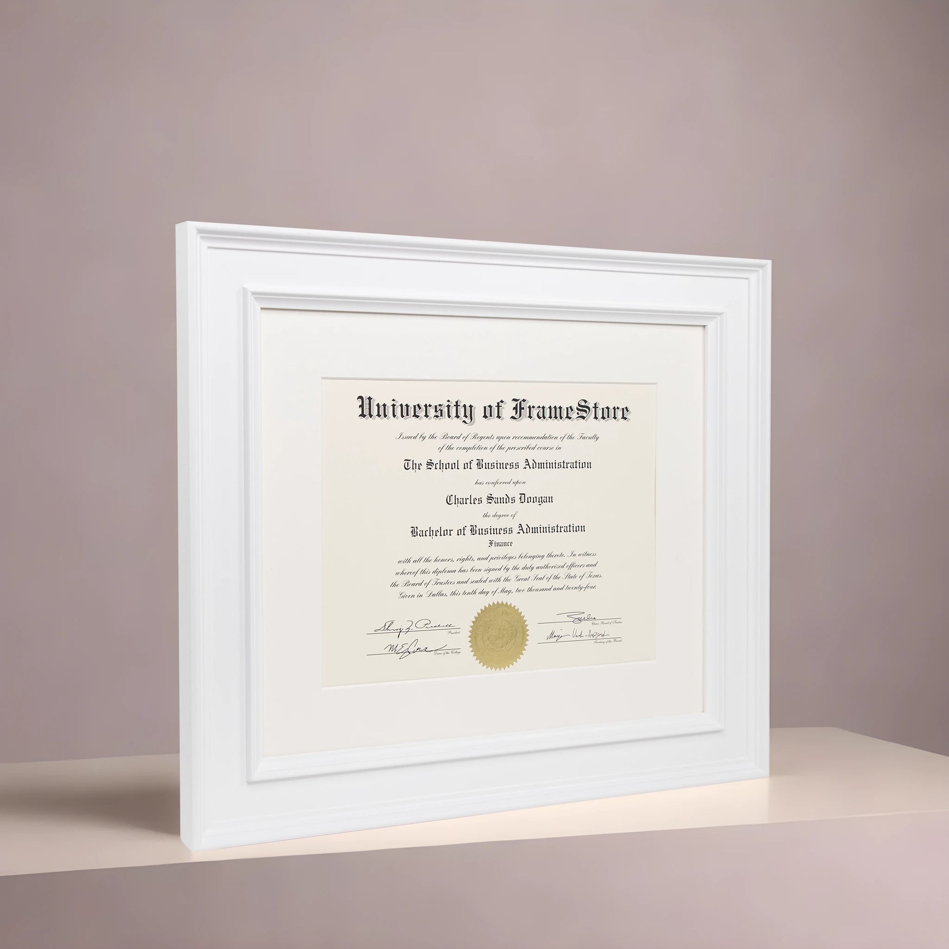 Matte White Diploma Frame - Off-White Matboard - Angled Perspective for Depth