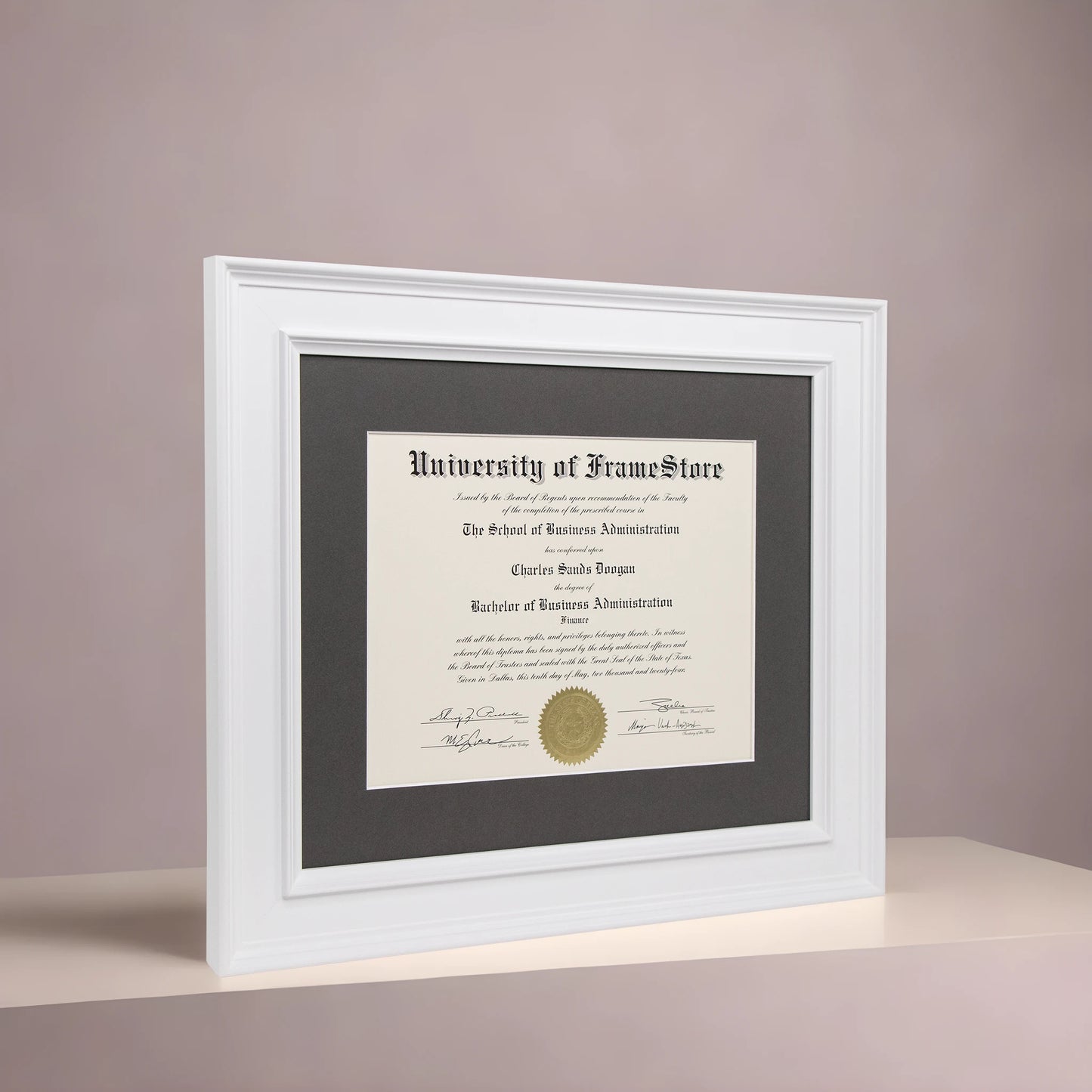 Matte White Diploma Frame - Gray Matboard - Angled Perspective for Depth