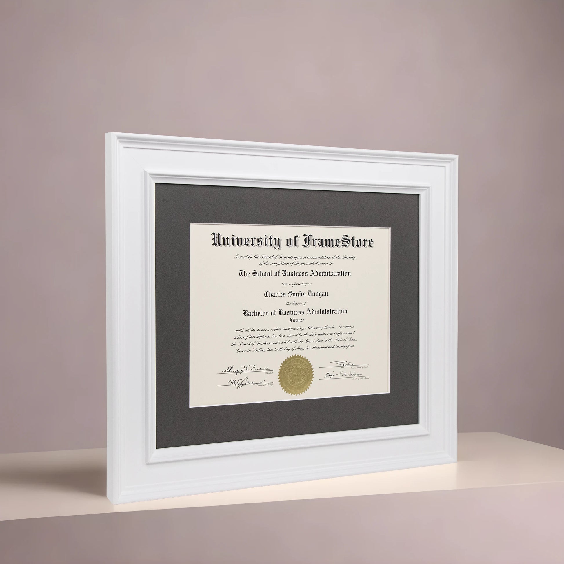 Matte White Diploma Frame - Gray Matboard - Angled Perspective for Depth