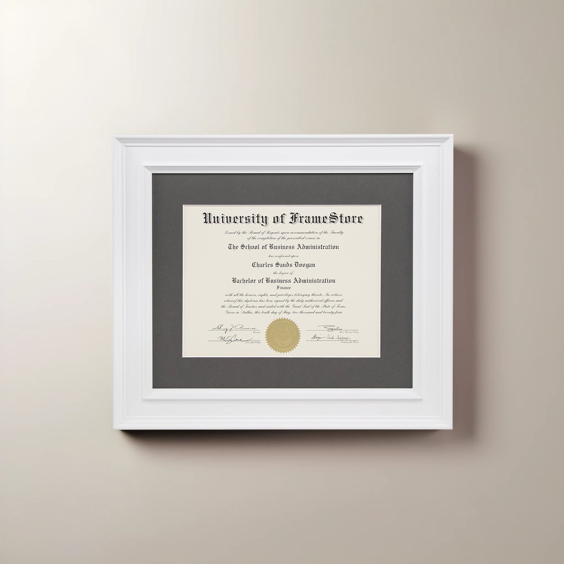 Matte White Diploma Frame - Gray Matboard - Straight-On Display