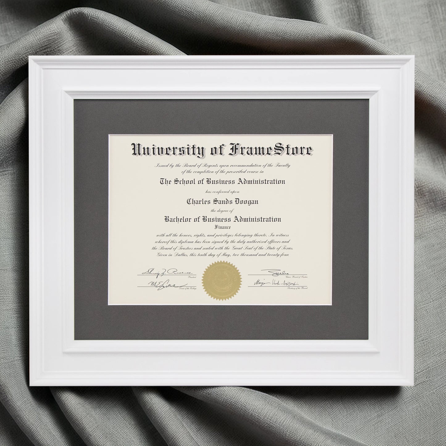 Matte White Diploma Frame - Gray Matboard - Luxurious Finish Against Soft Fabric