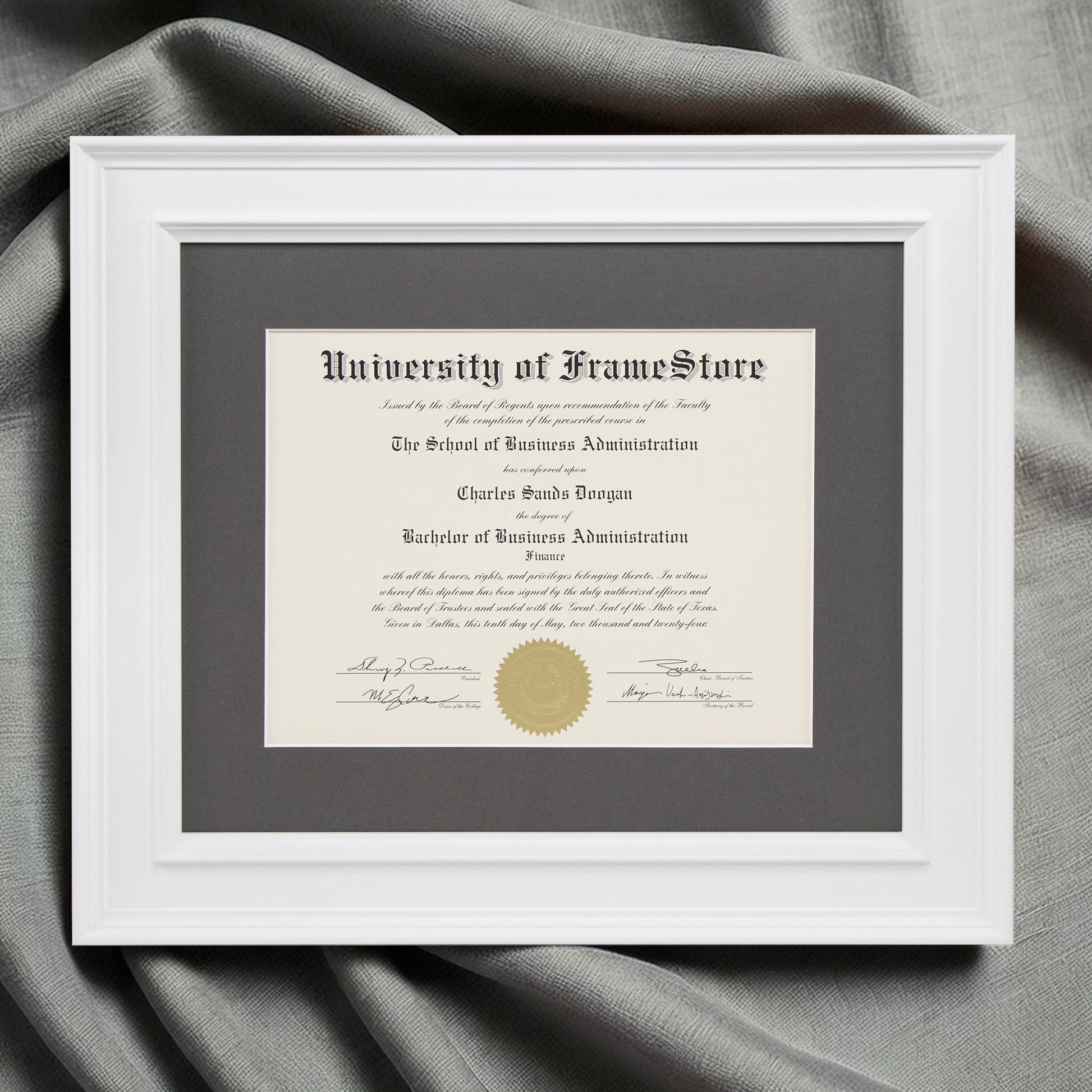 Matte White Diploma Frame - Gray Matboard - Luxurious Finish Against Soft Fabric