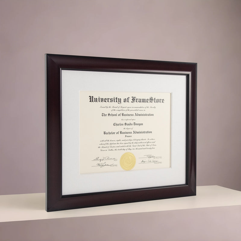 Classic Mahogany Diploma Frame - White Cotton Matboard - Angled Perspective for Depth