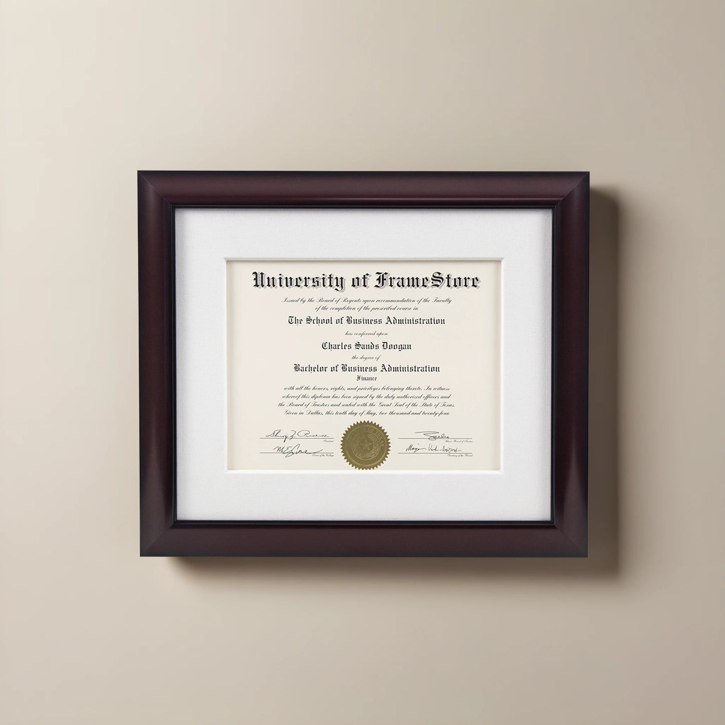 Classic Mahogany Diploma Frame - White Cotton Matboard - Straight-On Display