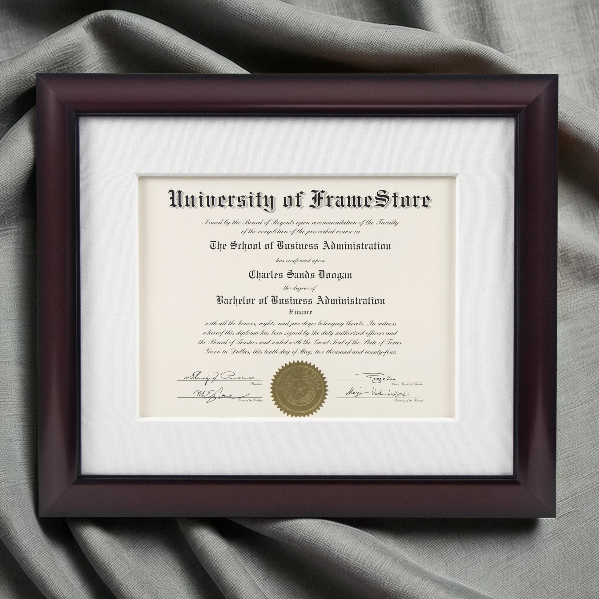 Classic Mahogany Diploma Frame - White Cotton Matboard - Luxurious Finish Against Soft Fabric