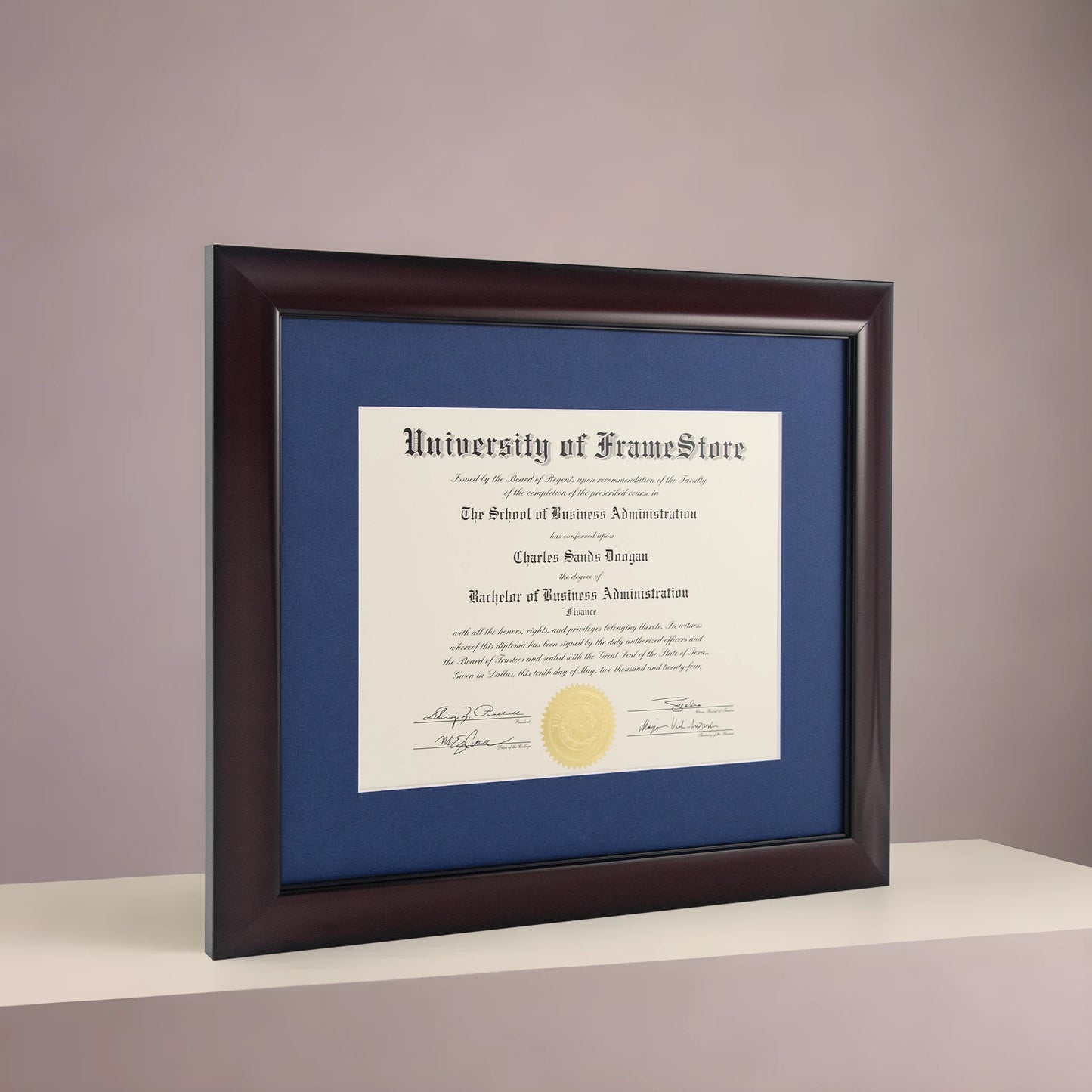 Classic Mahogany Diploma Frame - Deep Blue Matboard - Angled Perspective for Depth