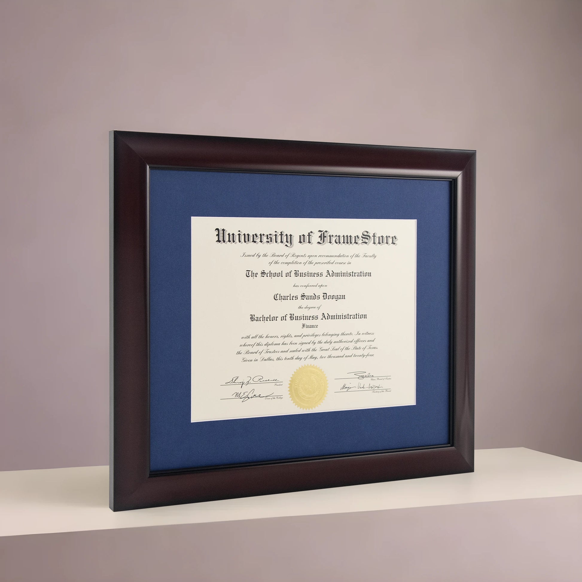 Classic Mahogany Diploma Frame - Deep Blue Matboard - Angled Perspective for Depth