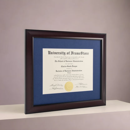 Classic Mahogany Diploma Frame - Deep Blue Matboard - Angled Perspective for Depth