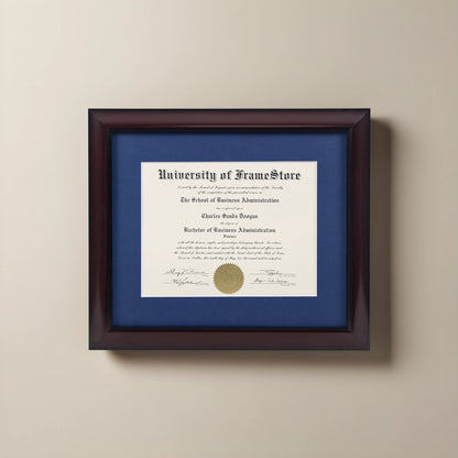 Classic Mahogany Diploma Frame - Deep Blue Matboard - Straight-On Display