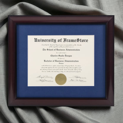 Classic Mahogany Diploma Frame - Deep Blue Matboard - Luxurious Finish Against Soft Fabric