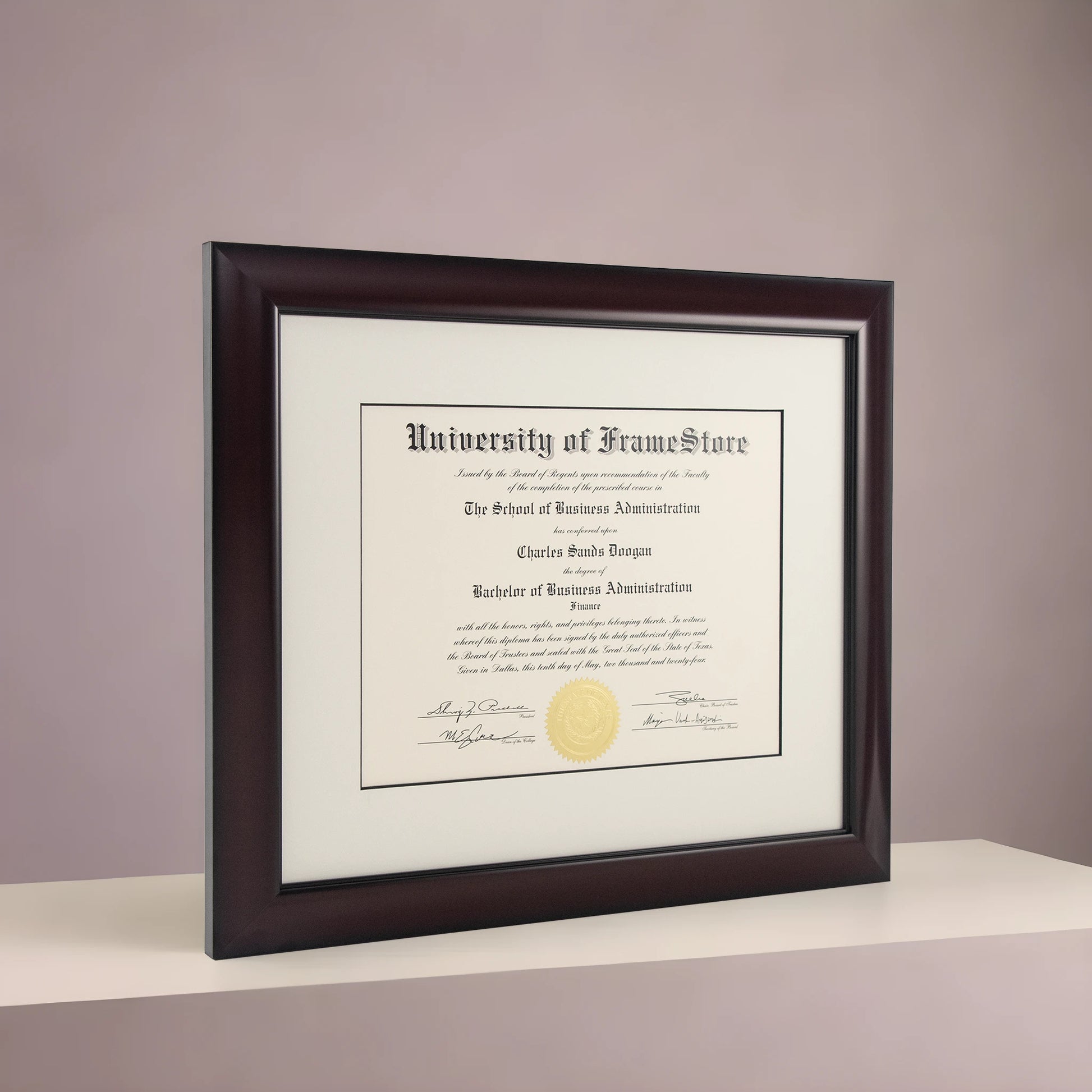 Classic Mahogany Diploma Frame - Dove Matboard - Angled Perspective for Depth